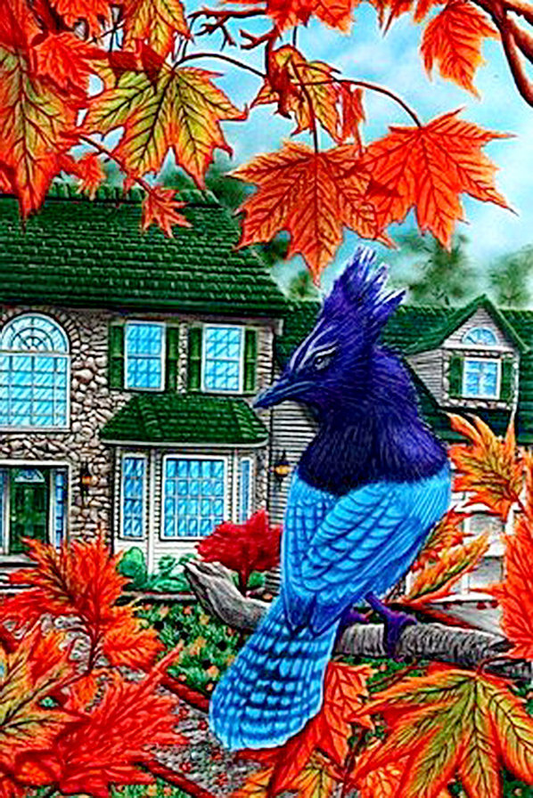 птица счастья? - живопись, дом, клен, природа, дерево, картина - оригинал