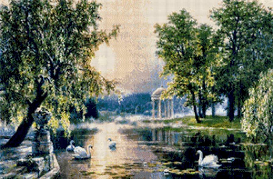 солнечное волшебство - картина, лебедь, лето, птицы, пейзаж - предпросмотр