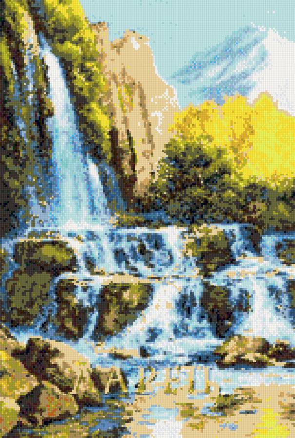 пейзаж с водопадом - осень, пейзаж, горы, водопад - предпросмотр