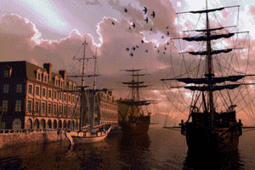 Серия "Пейзажи" - пейзаж, домик, корабли, море, закат - предпросмотр