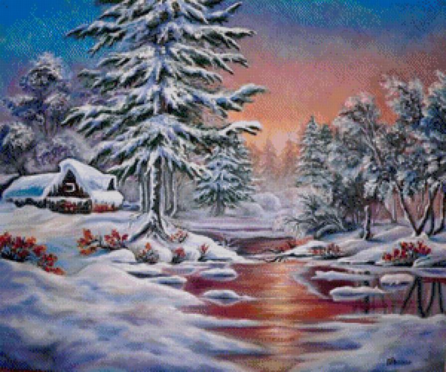 зимний пейзаж - дом, лес, зима, снег, природа, река - предпросмотр