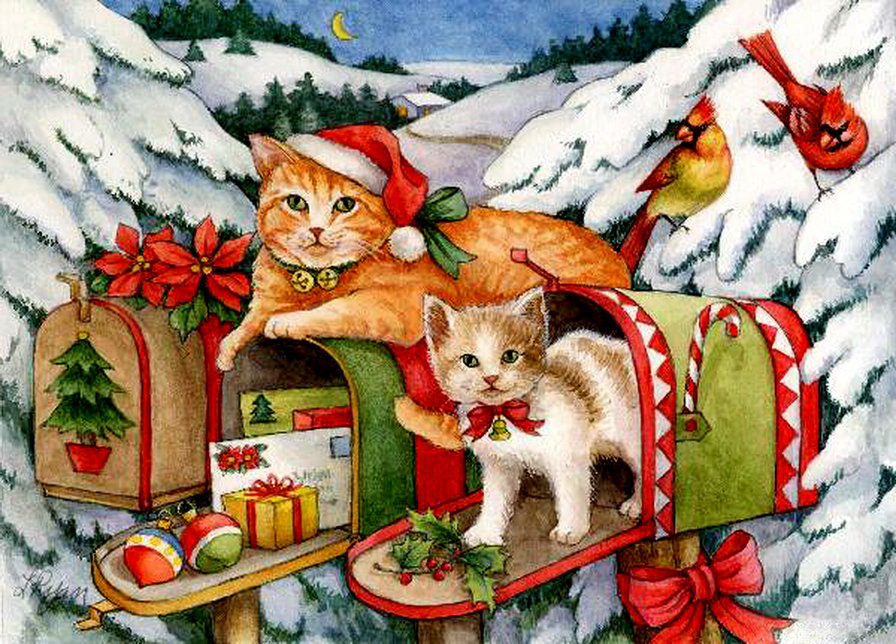 новогодняя почта - котенок, птицы, кошка, елка, цветы, игрушки, бант, подарки, кот - оригинал