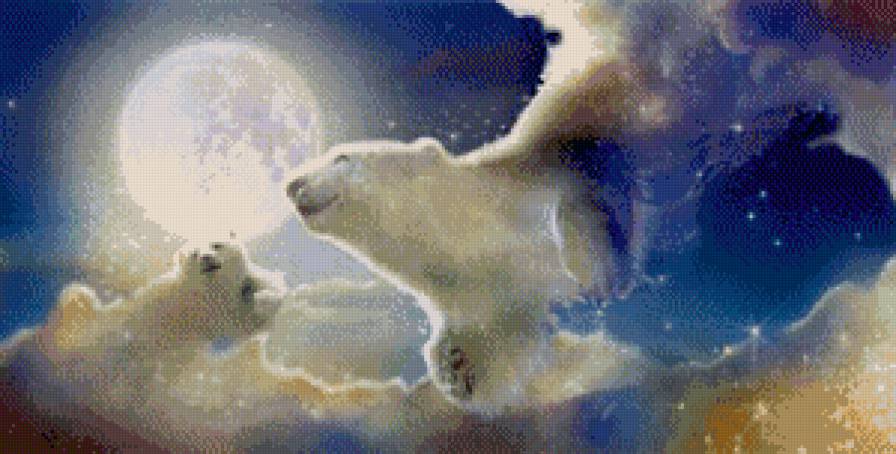 сказочные видения - фэнтези, медведь, луна, живопись, медвежонок, небо, ночь - предпросмотр