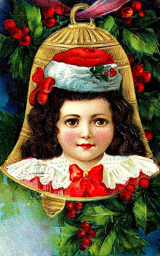 старинная открытка - новый год, остролист, рэтро, елка, живопись, ребенок, колокольчик - оригинал