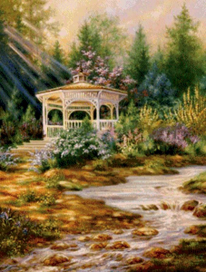 картина - цветы, беседка, природа, живопись, ручей, весна, дерево, вода - предпросмотр