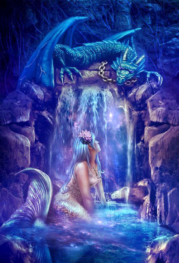 русалка и дракон - пещера, картина, фэнтези, водопад, живопись - оригинал
