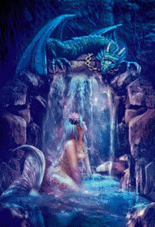 русалка и дракон - живопись, водопад, фэнтези, пещера, картина - предпросмотр