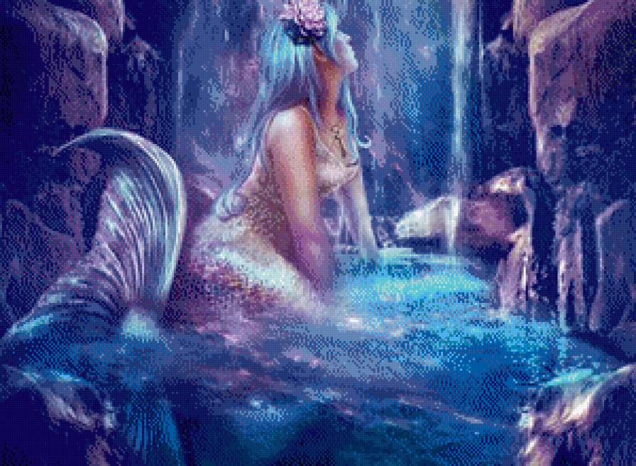 русалка и дракон часть 2 - живопись, фэнтези, водопад, картина, пещера - предпросмотр