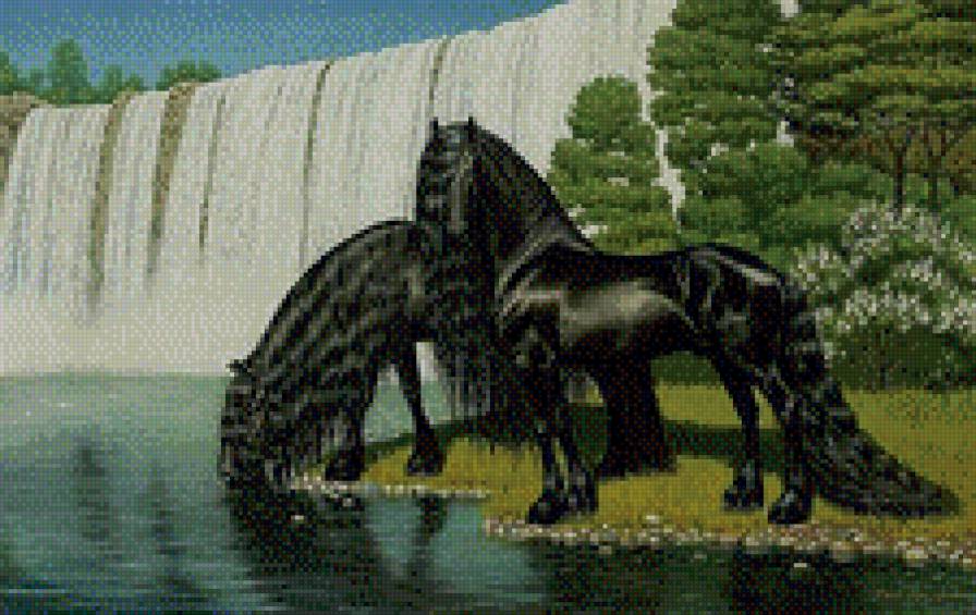 лошади у водопада - предпросмотр