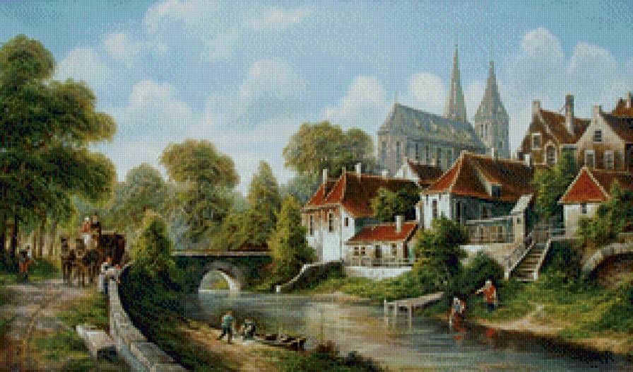 старинная картина - живопись, карета, река, деревья, люди, дорога, дом, мост - предпросмотр