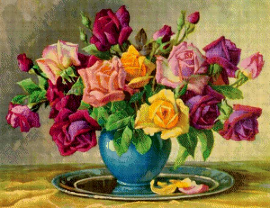 шикарный букет - розы, роза, картина, живопись, цветы, букет, ваза - предпросмотр