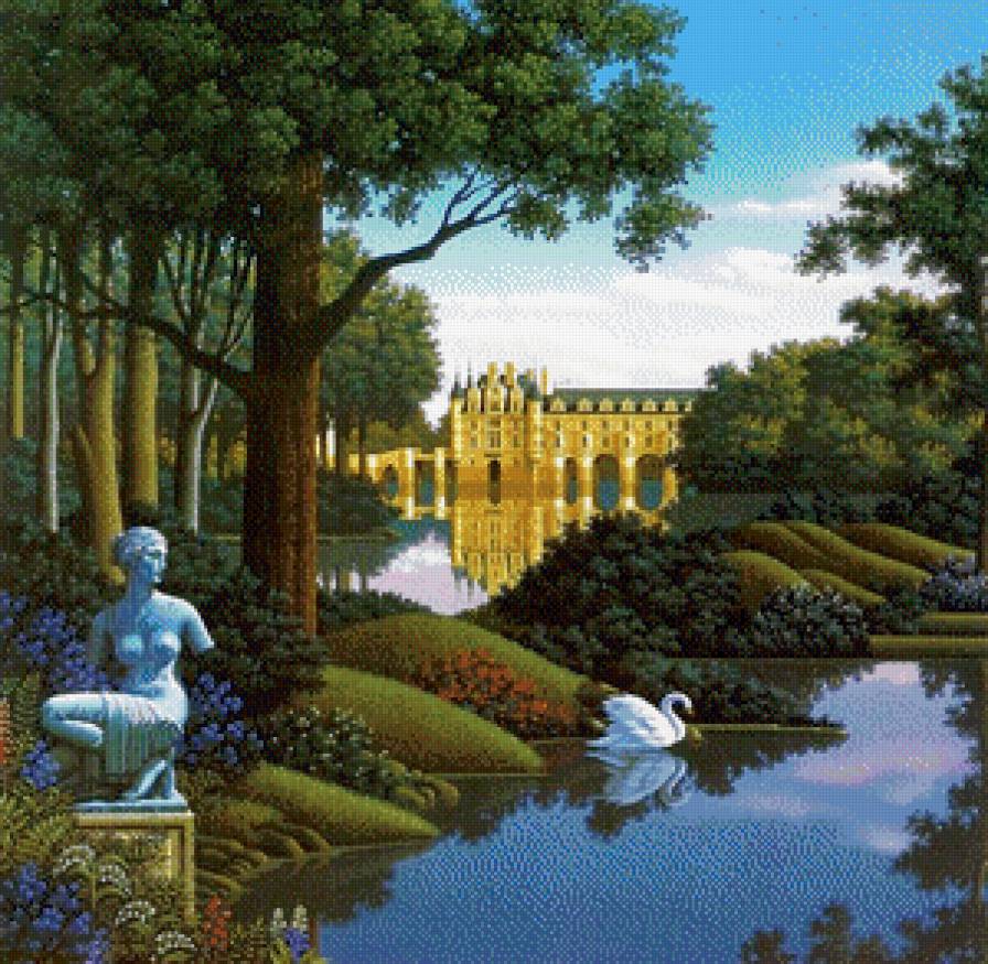 картина - дерево, замок, скульптура, живопись, природа, пруд, лебедь, цветы - предпросмотр