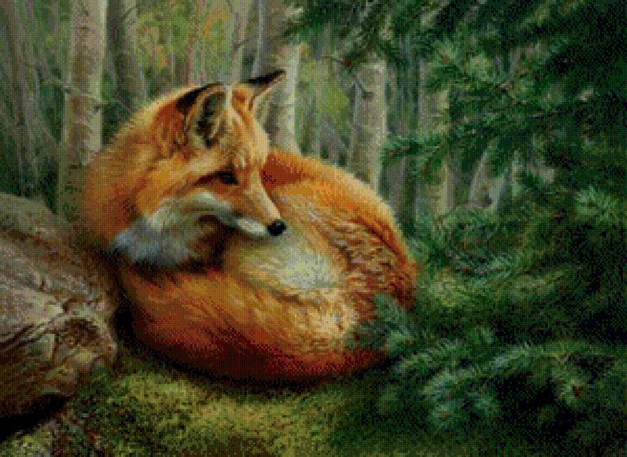 рыжая красавица - картина, лес, елка, живопись, природа, лиса, животное - предпросмотр
