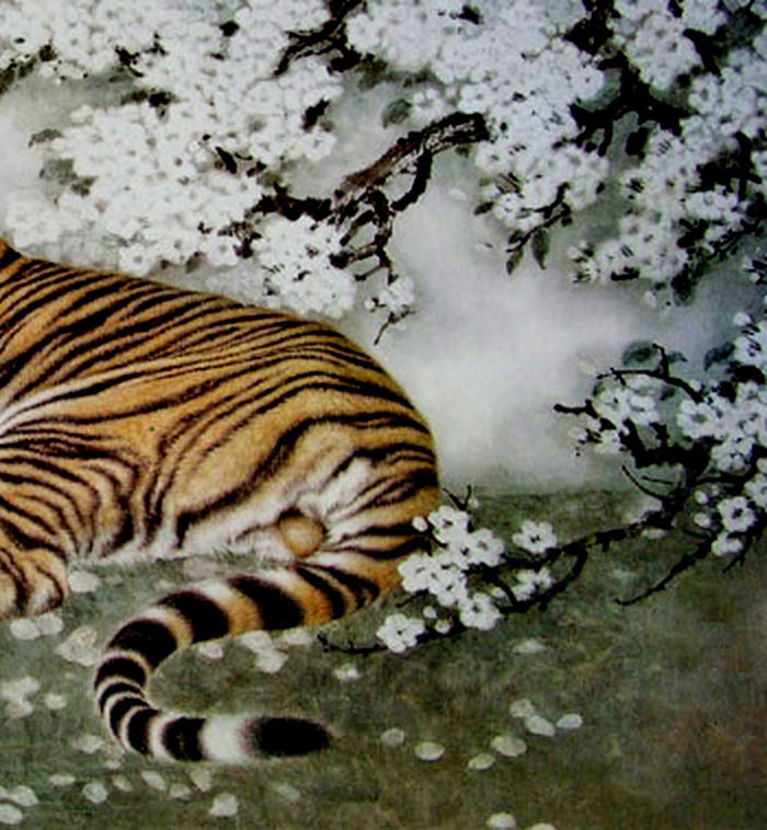 китайская живопись часть 2 - тигр, природа, сакура, хищник - оригинал