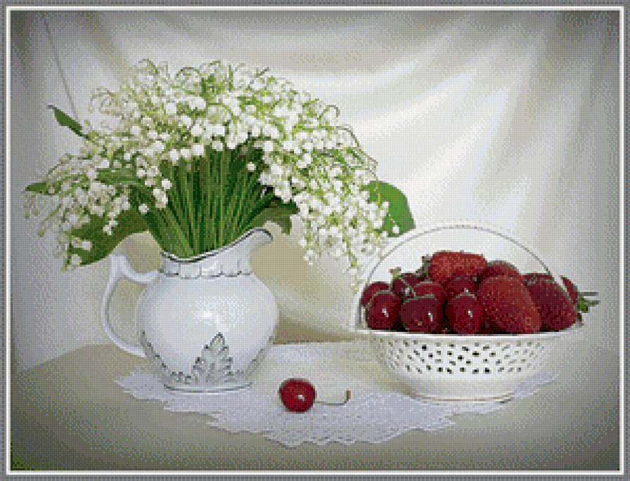 Натюрморт - ландыши, вишня, клубника, цветы, ягода, натюрморт - предпросмотр