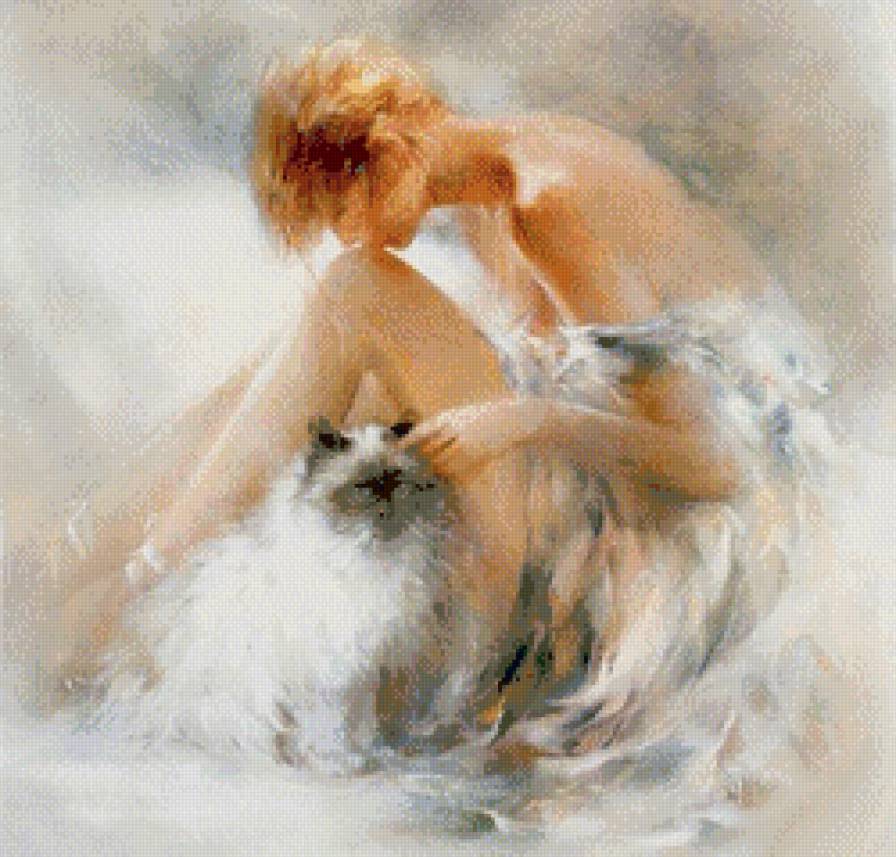 Девушка с кошкой - живопись, девушки, кошки - предпросмотр