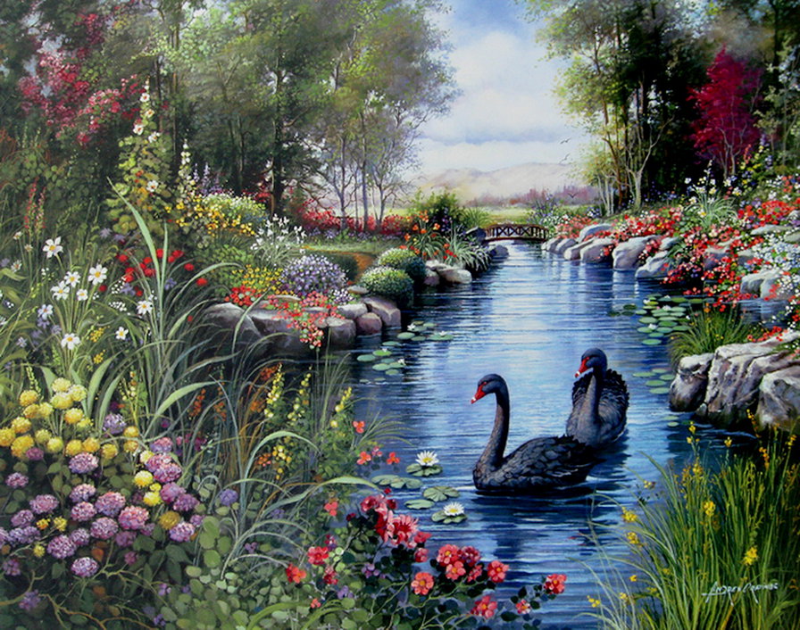 черные лебеди на пруду - камень, картина, дерево, пара, мост, природа, цветы, живопись - оригинал