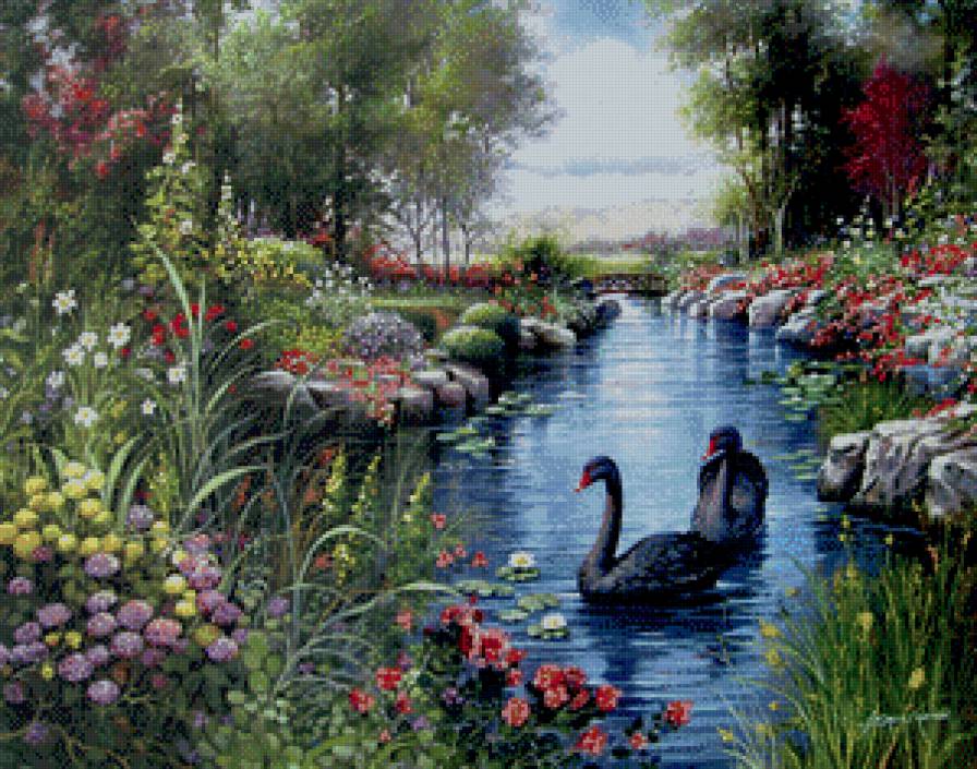 черные лебеди на пруду - живопись, пара, мост, картина, природа, камень, дерево, цветы - предпросмотр