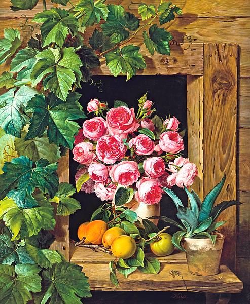Цветочный натюрморт - розы, натюрморт, виноград, цветы, фрукты, роза, персики, букет - оригинал