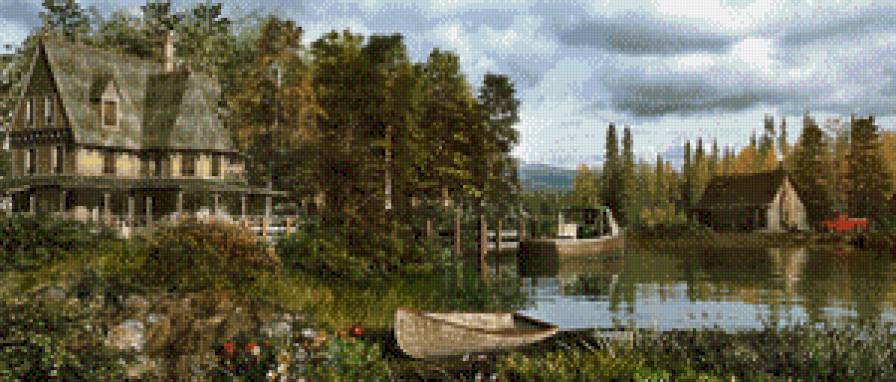 Серия "Пейзажи" - пейзаж, лодка, озеро, лето, домик - предпросмотр