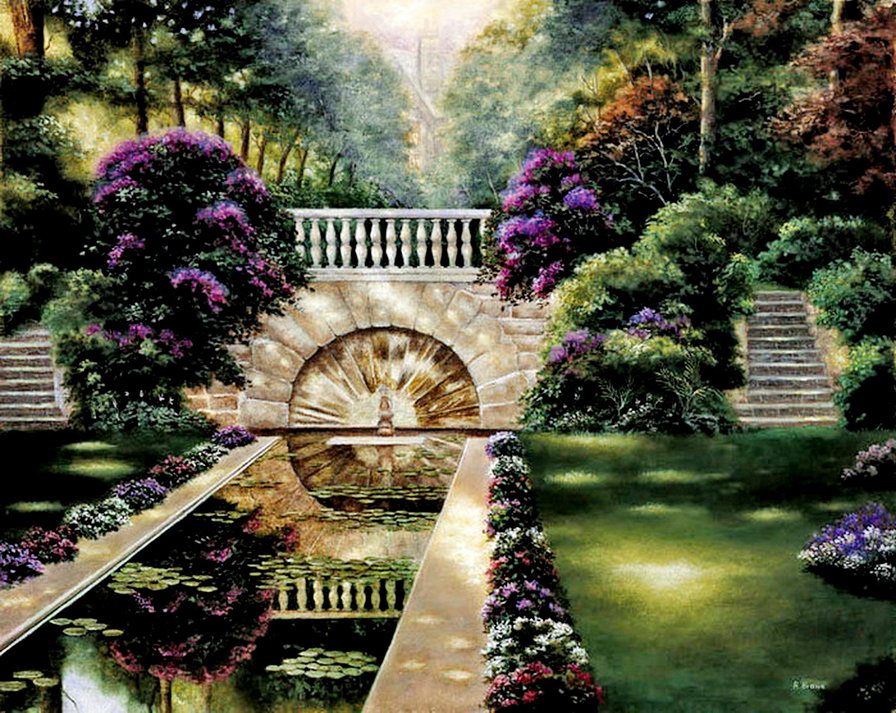 картина - живопись, природа, лестница, цветы, вода, дерево - оригинал
