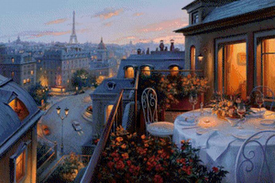 Париж,вечер - город, балкон, картина, дорога, башня, машина, цветы, живопись, столик - предпросмотр