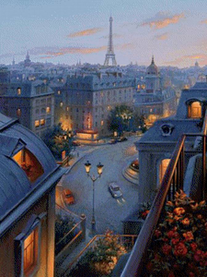 Париж,вечер часть 1 - живопись, город, башня, машина, дорога, картина, балкон, цветы, столик - предпросмотр