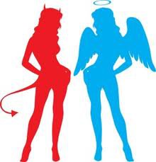 ангел и демон - сине-красное, ангел, девушка, демон, силует - оригинал