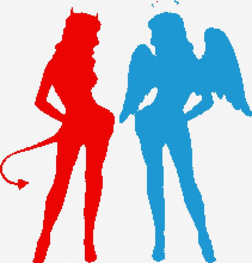 ангел и демон - сине-красное, демон, девушка, силует, ангел - предпросмотр
