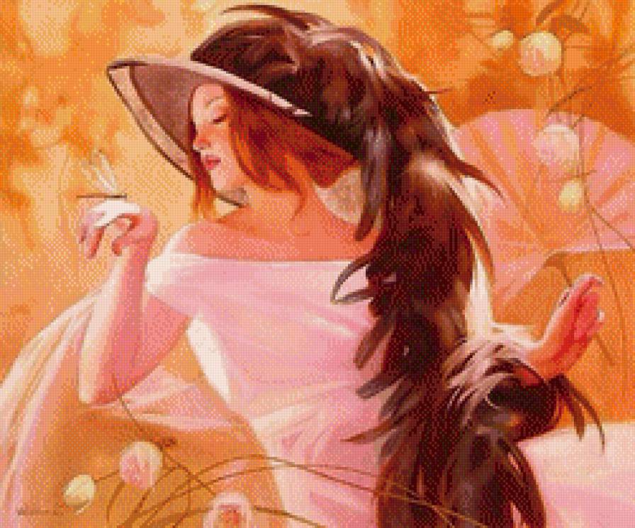 девушка и стрекоза - люди, стрекоза, цветы, девушка, шляпка, живопись - предпросмотр