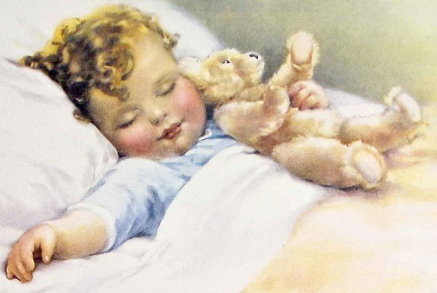 сладких снов - малыш, детское, мишка, картина, рэтро, постель, ребенок, живопись - оригинал