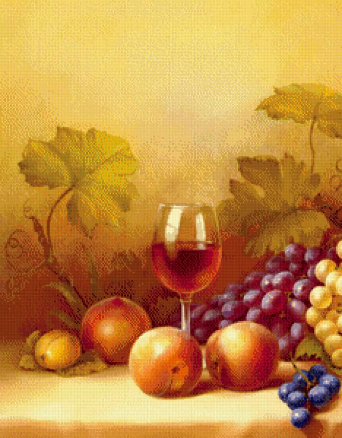 натюрморт часть 1 - слива, живопись, картина, персик, кувшин, бокал, вино, фрукты, виноград - предпросмотр