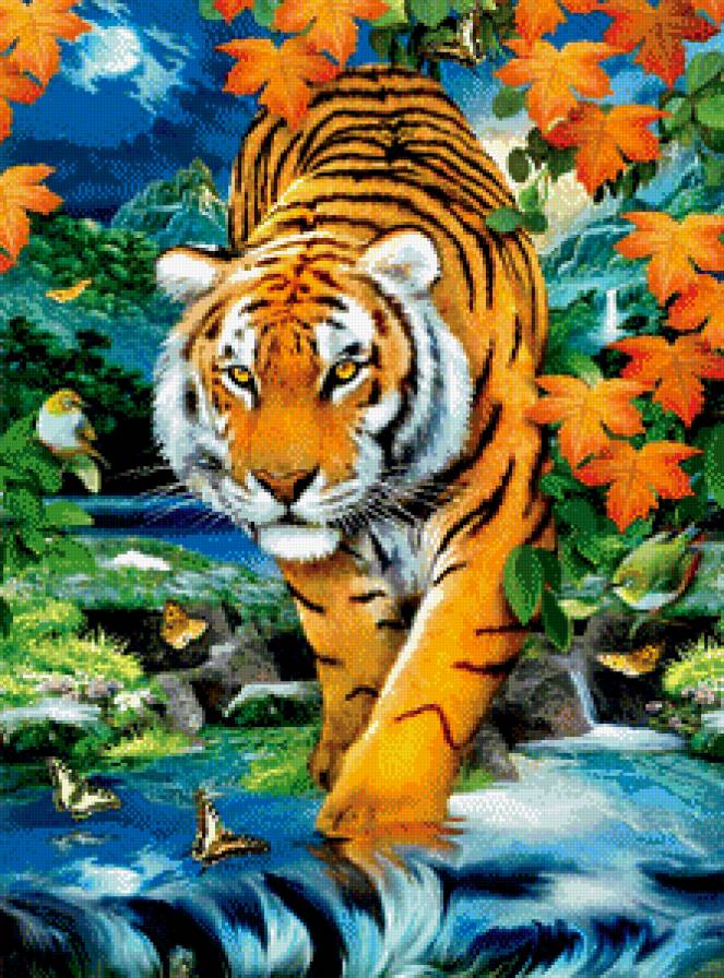 тигр - взгляд, бабочка, хищник, луна, птица, листва, вода, природа, живопись - предпросмотр