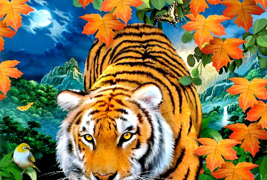 тигр часть 1 - хищник, птица, природа, луна, живопись, листва, взгляд, вода, бабочка - оригинал