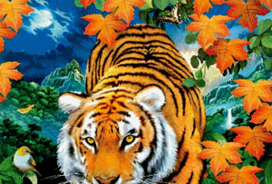 тигр часть 1 - хищник, вода, взгляд, птица, бабочка, луна, живопись, листва, природа - предпросмотр