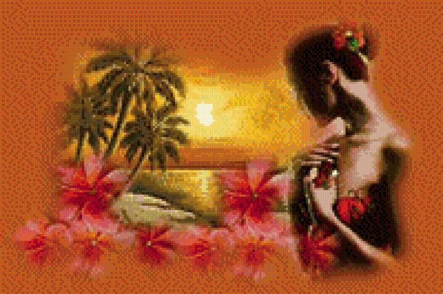 Закат - девушка, пальмы, море - предпросмотр