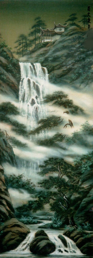 Водопад - восточная живопись - оригинал