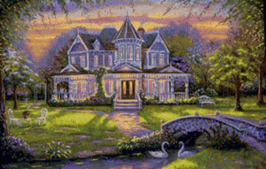 Дом - цветы, дом, лебеди, пруд, природа - предпросмотр