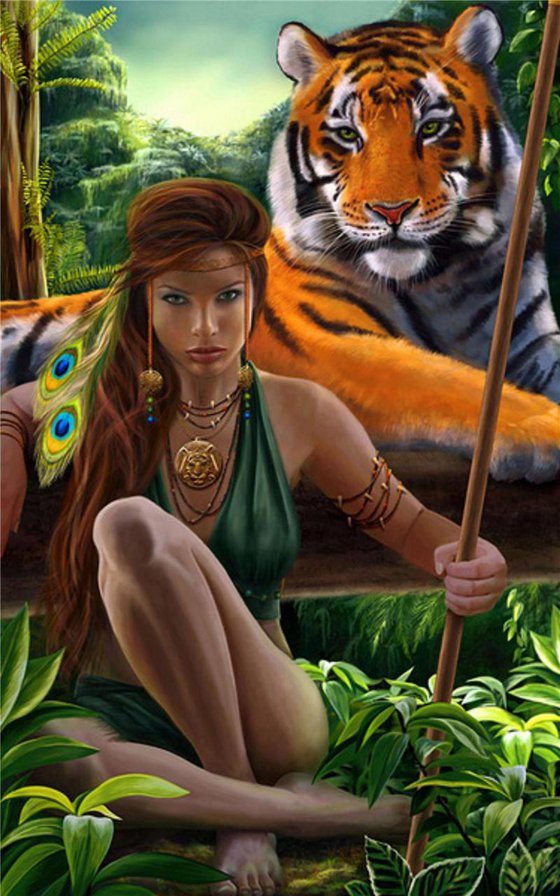 девушка с тигром - тигр, дикая кошка, девушка, картина, природа, люди, хищник - оригинал