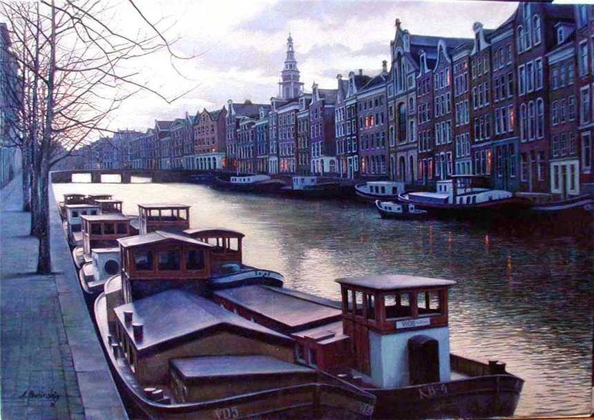 АМСТЕРДАМ - городской пейзаж, каналы амстердама, вечер - оригинал