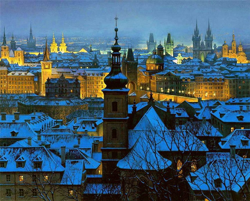 РАННИЙ ВЕЧЕР В ГОРОДЕ - зима, городской пейзаж, вечер - оригинал