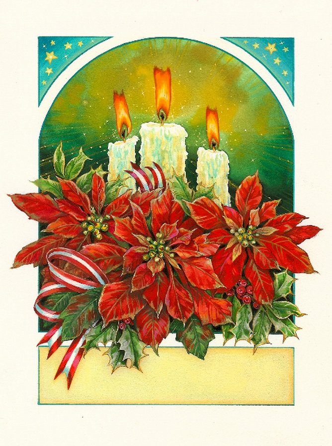 рождественские свечи - огонь, пуансетия, рождественская звезда, бант, новый год - оригинал