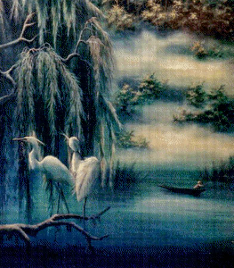 китайская акварель часть 2 - лодка, река, рассвет, природа, восток, пагода, цапля, ива, живопись, гора - предпросмотр