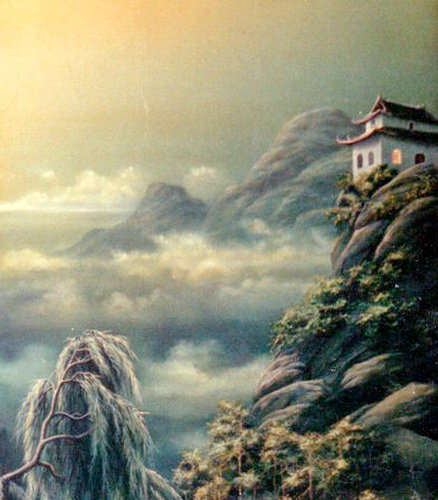 китайская акварель часть 1 - гора, живопись, ива, восток, рассвет, цапли, река, природа, пагода, лодка - оригинал
