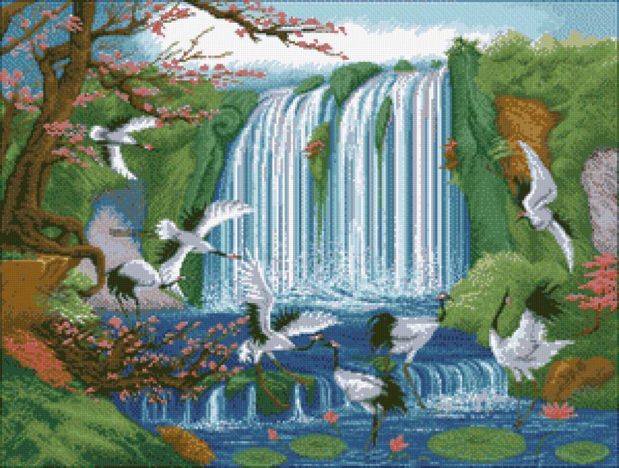 картина - водопад, картина, птицы, природа - предпросмотр