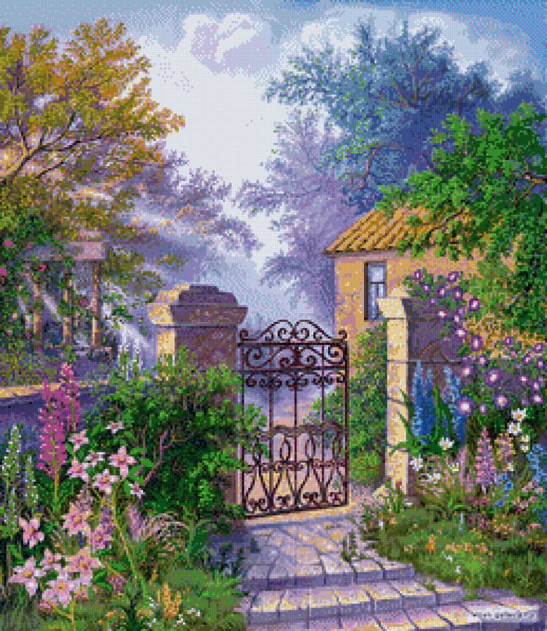 цветы - цветы, пейзаж, дом, картина - предпросмотр