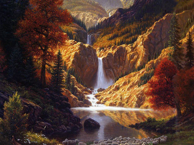 Серия "Пейзажи" - пейзаж, лес, осень, река, водопад - оригинал