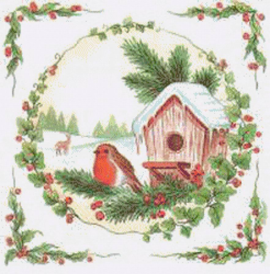 птички в домике2 - подушка, зима, птицы, природа - предпросмотр