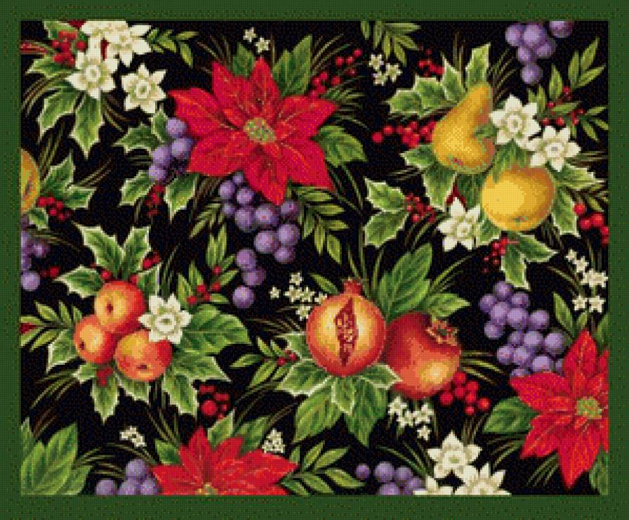 подушка"рождество" - новый год, яблоко, гранат, рождество, груша, пуансеттия, виноград - предпросмотр