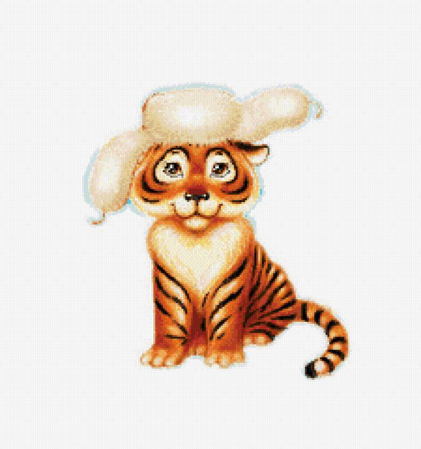 тигренок в шапке - дикие кошки, зима, животные, детское, тигр, тигренок - предпросмотр